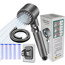 Handheld Filtered Shower Head with 3 Spray Modes Pressure and Hose for Bathing Pets Gray