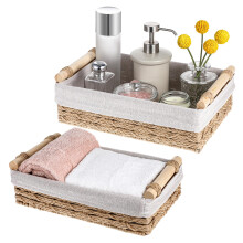 Wicker Storage Baskets Set of 2 with Wooden Handles, Handmade Boho Bathroom Organizer Baskets