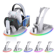 Für PS5 Desktop-Aufbewahrungsständer Controller-Ständer mit RGB-Lichtern Kopfhörer/Griff/Fernbedienung/Disc Desktop-Aufbewahrungsständer Weiß