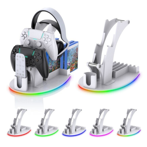 For PS5 Desktop Storage Stand Controller Stand with RGB Lights Headphone/Handle/Remote/Disc Desktop Storage Stand White 2