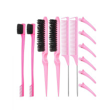Hair Brush Set with Teasing Brush, Nylon Rat Tail Combs and Duckbill Clips for Women, 12pcs Pink