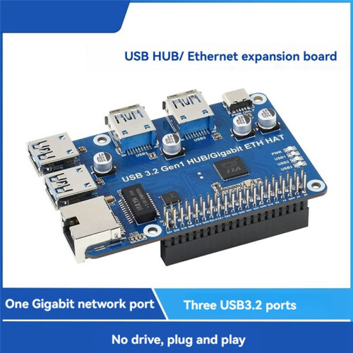 Waveshare Placa de Expansión para Raspberry Pi, Concentrador USB 3.2 Gen1 Gigabit ETH HAT, Sin Controlador para Raspberry Pi 4 1