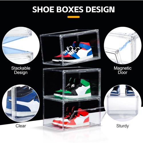 3 Pack Clear Shoe Storage Boxes with Magnetic Door Closure, Stackable Acrylic Organizer Fits US15 1