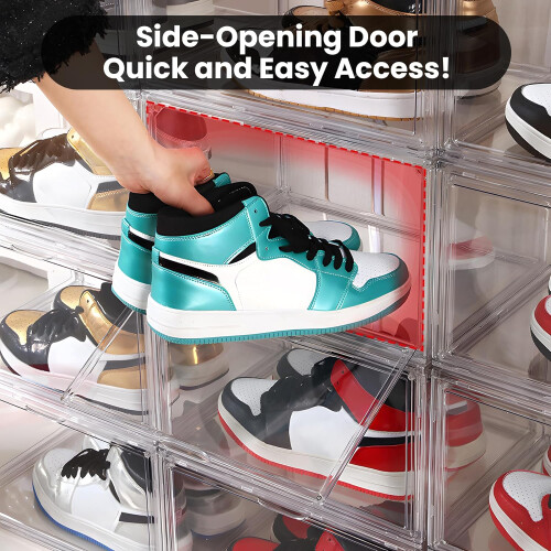 3 Pack Clear Shoe Storage Boxes with Magnetic Door Closure, Stackable Acrylic Organizer Fits US15 2