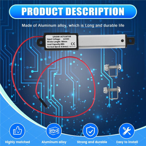 Atuador Micro-Linear, Curso de 2 Polegadas, 90N / 20.3Lb, Velocidade 9.5Mm / S Atuador EléTrico à Prova D'áGua Atuador Linear Do Motor 12V 1