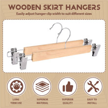 10 Pack Wooden Skirt Hangers with Adjustable Clips Non-Slip Trouser Hanger Natural Finish Lotus Wood Pants Hangers 360