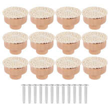 Boho Rattan Dresser Knobs Round Wooden Drawer Knobs Handmade Wicker Woven and Screws for Boho Furniture Knobs Beige 12Pc