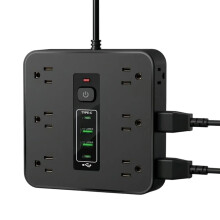 16 Outlet Power Strip with USB and Type C, Surge Protector Flat Plug for Home Office Travel Black