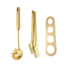 Stainless Steel Spaghetti Server Set with Tongs and Measuring Tool, HeatSafe Gold Large