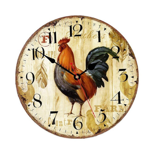 Kitchen Wall Clock 10 Inch Rustic Rooster Silent Non Ticking Wall Clock Quartz Battery Operated Round Wall Clock