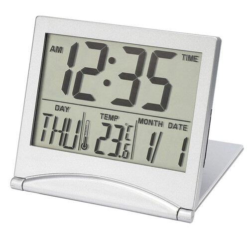 Digital Travel Alarm Clock - Foldable Calendar Temperature Timer LCD Clock Weather Forecast Clock Battery Powered 1