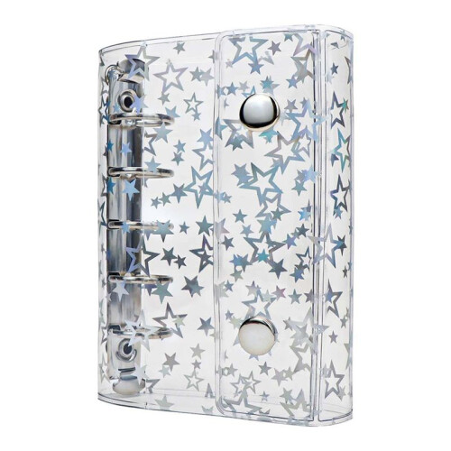 A8 Budget Binder Cover Clear PVC 5 Ring Binder Glitter Star Refillable Notebook Shell Protector with 2 Snaps