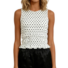 (M, White) Women's Sleeveless Tank Tops Casual Stylish Dot Print Smocked Elastic Slim Fit Vest
