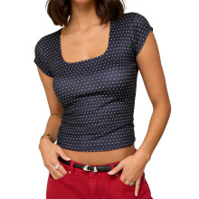 (M, Black) Women Dot Print Summer T-shirts Slim Fit Cap Sleeve Square Neck Crop Tops Casual Streetwear