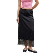(S, Black) Women Long Skirt, Elegant Elastic Waist Lace Trim Fall Skirt Streetwear for Casual Daily