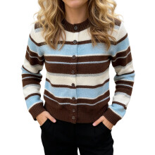 (S, Dark Brown) Women's Autumn Striped Sweater Cardigan Long Sleeve Round Neck Button Up Knitwear