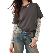 (S, Dark Grey) Women's Autumn Casual Tops Long Lace Patchwork Sleeve Round Neck Loose Fit T-shirt