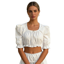 (M, White) Women Summer Crop Tops Casual Elbow Sleeve Shirts Solid Color Bubble Sleeve Scoop Neck Blouses Streetwear