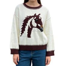 (M, Khaki) Women's Autumn Winter Knit Sweater Long Sleeve Round Neck Horse Head Print Knitwear Tops