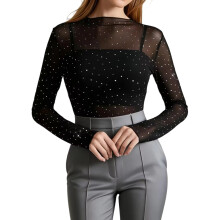 (XL, Black) Women's Rhinestone Mesh Tops Fashionable Versatile Long Sleeve Slim Fit Mock Neck Undershirts