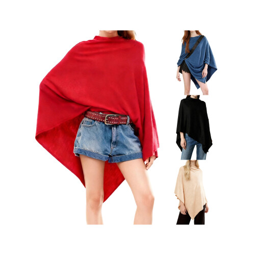(S, Red) Women's Triangle Pullover Poncho Sweater Cowl Neck Solid Color Asymmetrical Knit Tops Shawl Wraps 2
