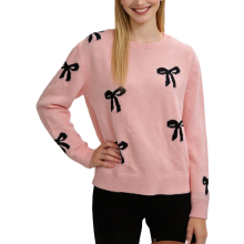 (L, Pink) Women's Knit Sweaters Elegant Long Sleeve Round Neck Bow Print Pullovers Loose Fit Tops