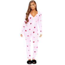 (M, Pink) Womens Valentines Jumpsuit Slim Fit Casual Bow/Love Heart Print Striped Button Up V Neck Long Sleeve Romper