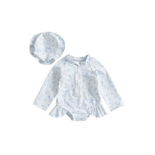 (6-9 Months, White) Badeanzug-Strampler für Kleinkinder, langärmelig, mit Baum-/Schleifen-/Schwanen-/Blumenmuster, Rüschen und Badekappe