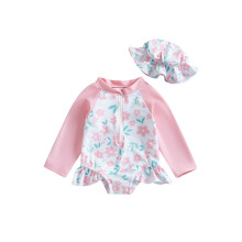 (9-12 Months, Pink) Pikkulasten tyttöjen pitkähihainen kukkakuviollinen uimapuku, röyhelöillä ja uimalakilla.