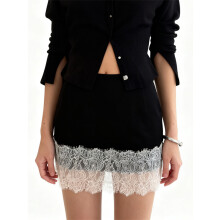 (S, Black) Women's Summer Mini Satin Skirts High Waist Lace Patchwork Hem Skirt for Daily, Travel, Parties