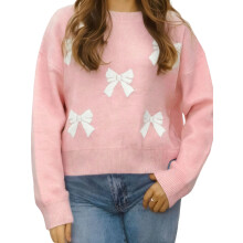 (L, Pink) Women Knit Sweater Heart/Bow Crewneck Long Sleeve Casual Pullover Tops for Winter Fall