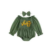 (18-24 Months, Green) Macacão infantil meninas Ireland, bordado trevo e letras, manga longa e faixa. Ideal para a primavera.