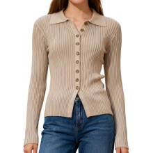 (S, Light Brown) Women's Knit Button Down Shirt Casual Slim Fit Stylish Solid Ribbed Turn Down Collar Long Sleeve Tops for Fall