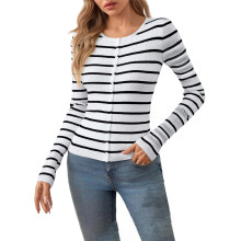 (S, White) Women Knit Tops, Long Sleeve Button Closure Striped Top Slim Fit Fall Tops Streetwear