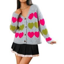 (S, Gray) Women's Button Down Knit Cardigan, Heart Print Long Sleeve V-Neck Loose Sweater Jacket for Spring, Fall