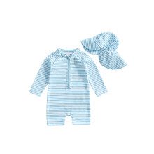 (6-12 Months, Blue) Conjunto de maiô infantil unissex com proteção solar, chapéu, 2 peças e zíper frontal.