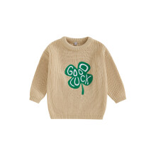 (12-18 Months, Khaki) Dívčí svetr pro batolata a chlapce s výšivkou Clover, dlouhým rukávem, jarní topy