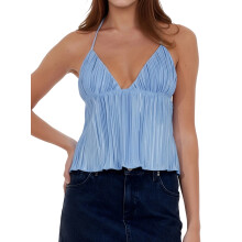 (M, Blue) Women Tank Tops Solid Color Pleated V-Neck Tie-Up Halter Neck Casual Vests Summer Fashion Sleeveless Tops Streetwear