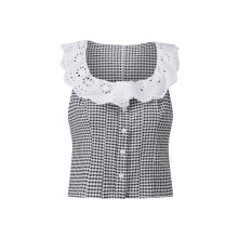 (L, Blue) Women Tank Tops Square Neck Sleeveless Plaid Print Summer Ruffle Decor Cropped Vest Shirts