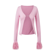 (L, Pink) Women's Chain Front Tops Long Sleeve V Neck Slim Fit Ribbed Knit T-Shirts Spring Fall Sweaters