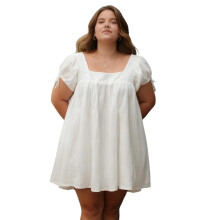 (XL, Ivory) Women's Plus Size Dress Casual Stylish Solid Color Bows Square Neck Short Sleeve Mini Dress