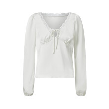 (L, Creamy White) Women's Loose Fit Tops Fashionable Solid Color Lace Trim Long Sleeve V Neck Blouse for Casual Daily Wear