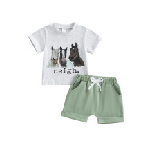 (3-4 Years, Gray) Conjunto de verão para bebê menino: camiseta curta e shorts estampados com cabeça de vaca/cavalo.