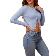 (L, Blue) Women's Button Down Ribbed Cardigan Solid Color Long Sleeve Cropped Knit Jacket Streetwear