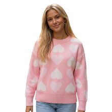 (M, Pink) Suéter holgado de mujer con estampado de corazones, cuello redondo, manga larga, para otoño e invierno