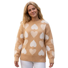 (S, Light Brown) Suéter holgado de mujer con estampado de corazones, cuello redondo, manga larga, para otoño e invierno