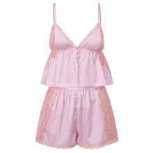 (M, Pink) Summer Pajama Set for Women Sleeveless Lace Patchwork Camisole Tops Shorts 2 Pcs Outfits Sleepwear