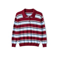 (S, Sky Blue) Women's Striped Knit Sweater Fall Winter Fashionable Casual Long Sleeve Loose Fit Collared Tops