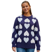 (S, Blue) Women Loose Knit Sweater Heart Print Crew Neck Long Sleeve Pullovers Fall Winter Casual Jumpers Tops