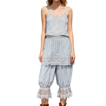 (S, Blue) Dámské capri kalhoty s krajkovým lemem, volný střih, elastické culottes se středním pasem na léto